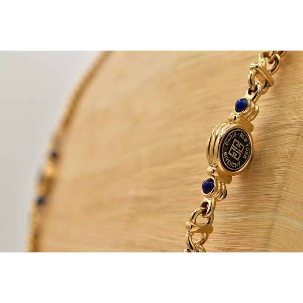 Givenchy Vintage Logo Coin Necklace Blue Cabochon Gold Station Chain 1980s BinBJ - Picture 10 of 12